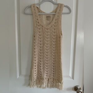 Lucky Brand Cream Knit Sleeveless Crochet Top with Fringe